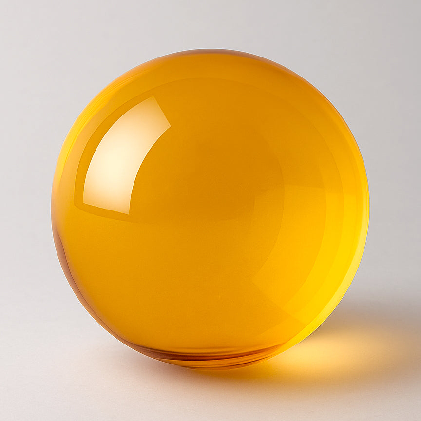 Canal Plastics Center Amber Orange Transparent Acrylic Sphere, Close View - for decorative and artistic uses to scientific and industrial purposes such as displays and visual merchandising, art installations and sculptures, photography props and effects, home decor, costume and prop making, optical applications, model making and prototyping, furniture accessories and more