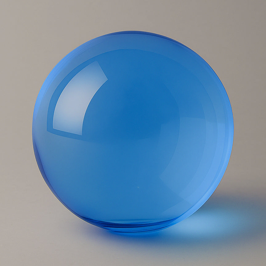Canal Plastics Center Blue Transparent Acrylic Sphere, Close View - for decorative and artistic uses to scientific and industrial purposes such as displays and visual merchandising, art installations and sculptures, photography props and effects, home decor, costume and prop making, optical applications, model making and prototyping, furniture accessories and more