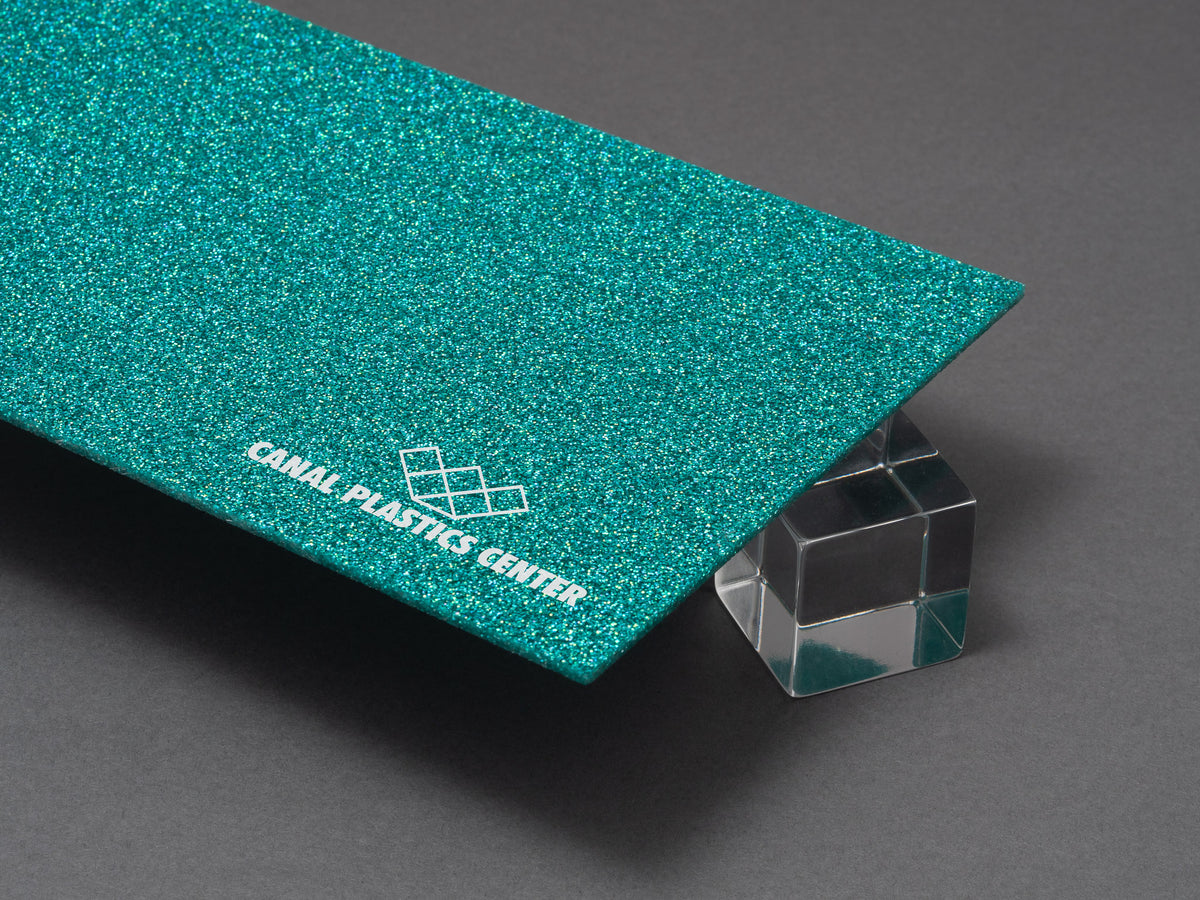 Canal Plastics Center Blue-Green Glitter Acrylic Plexiglass Sheet, Top View - Urban Spark Collection for crafts, signage, displays, and even furniture accents