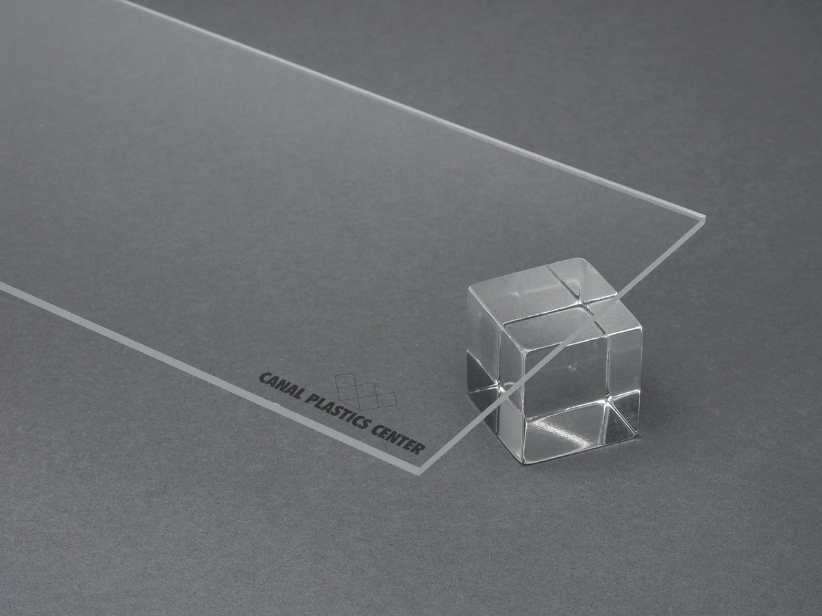 Clear cast acrylic sheet with glossy transparent surface on neutral background. Canal Plastics