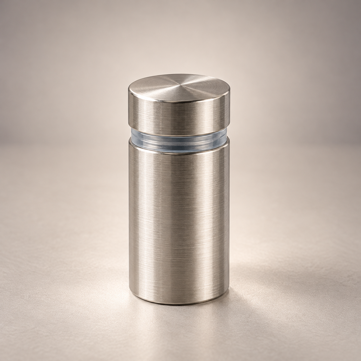 Brushed stainless steel standoff with clear spacer ring, Product view - Canal Plastics Center