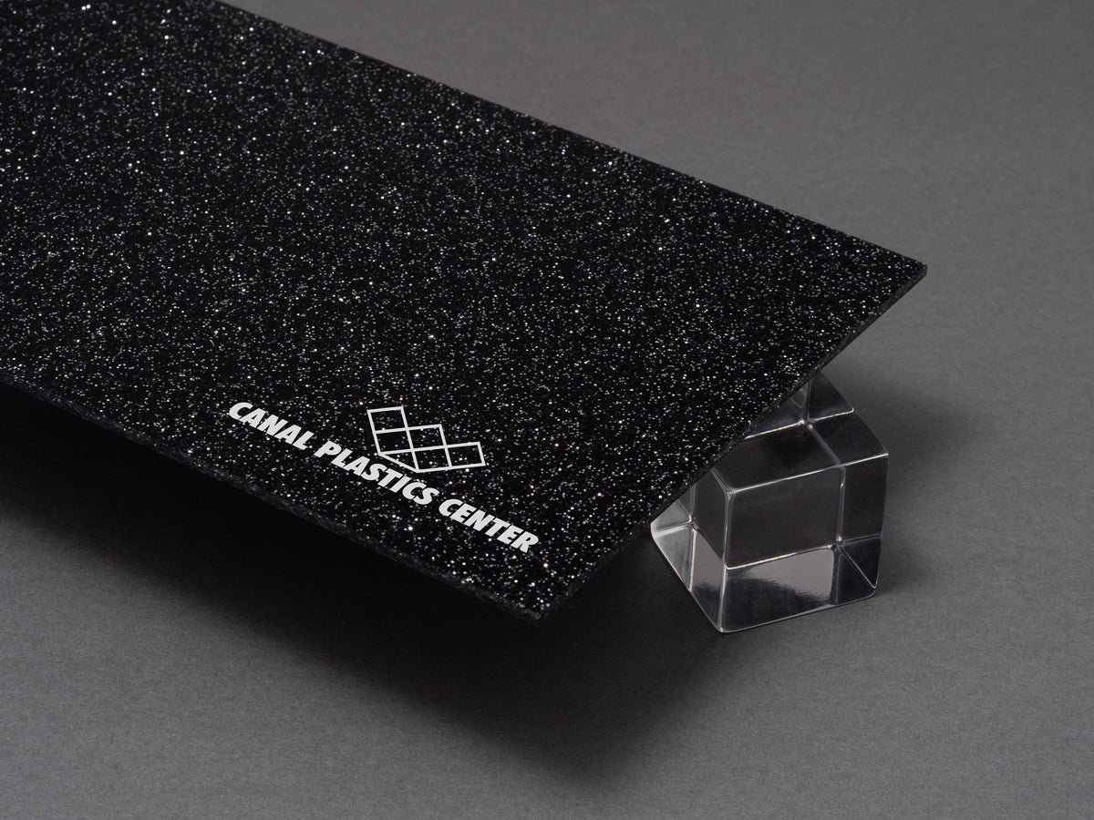 Canal Plastics Center Black Glitter Acrylic Plexiglass Sheet, Top View - Urban Spark Collection for crafts, signage, displays, and even furniture accents
