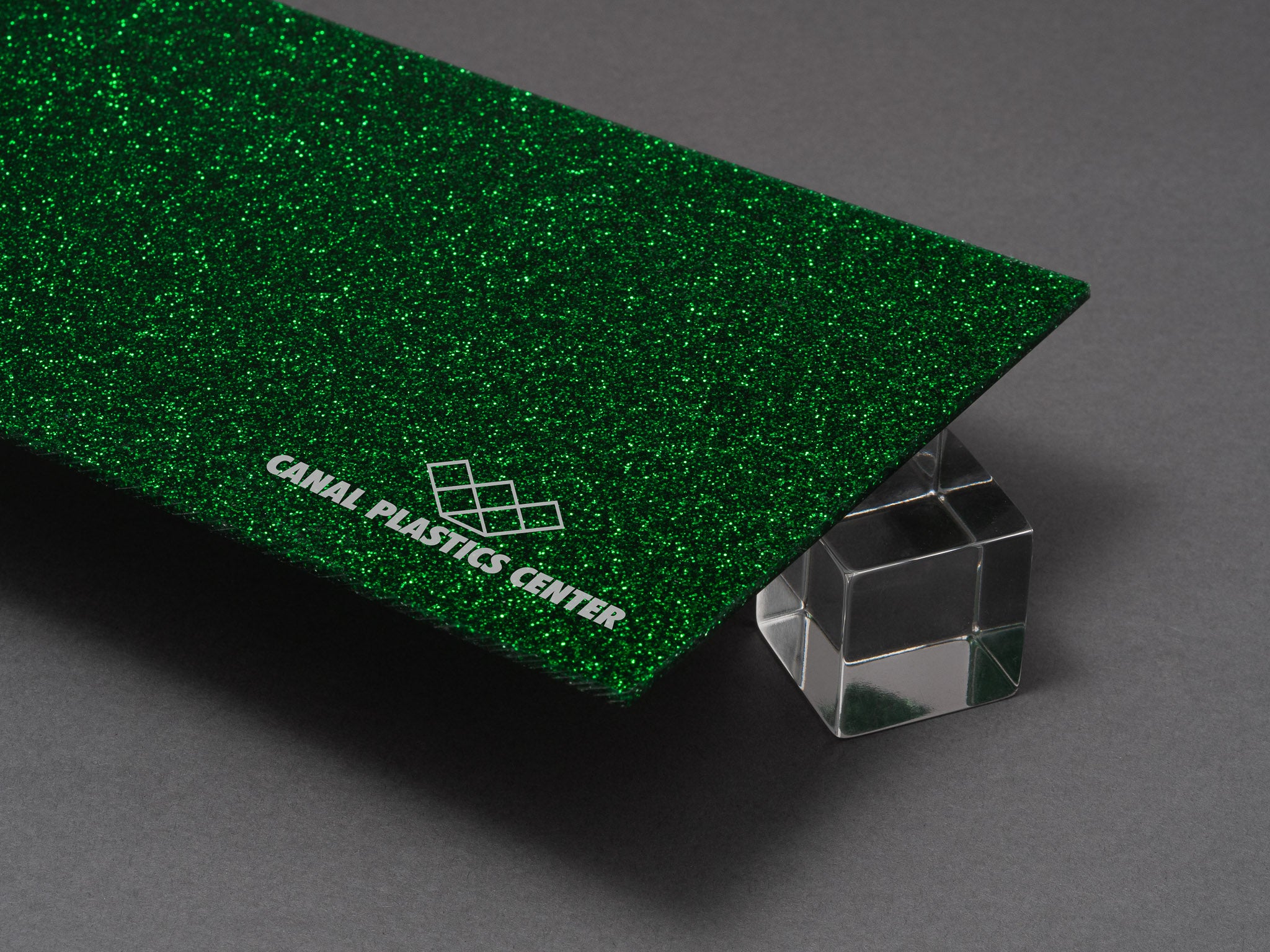 Canal Plastics Center Green Glitter Acrylic Plexiglass Sheet, Top View - Urban Spark Collection for crafts, signage, displays, and even furniture accents