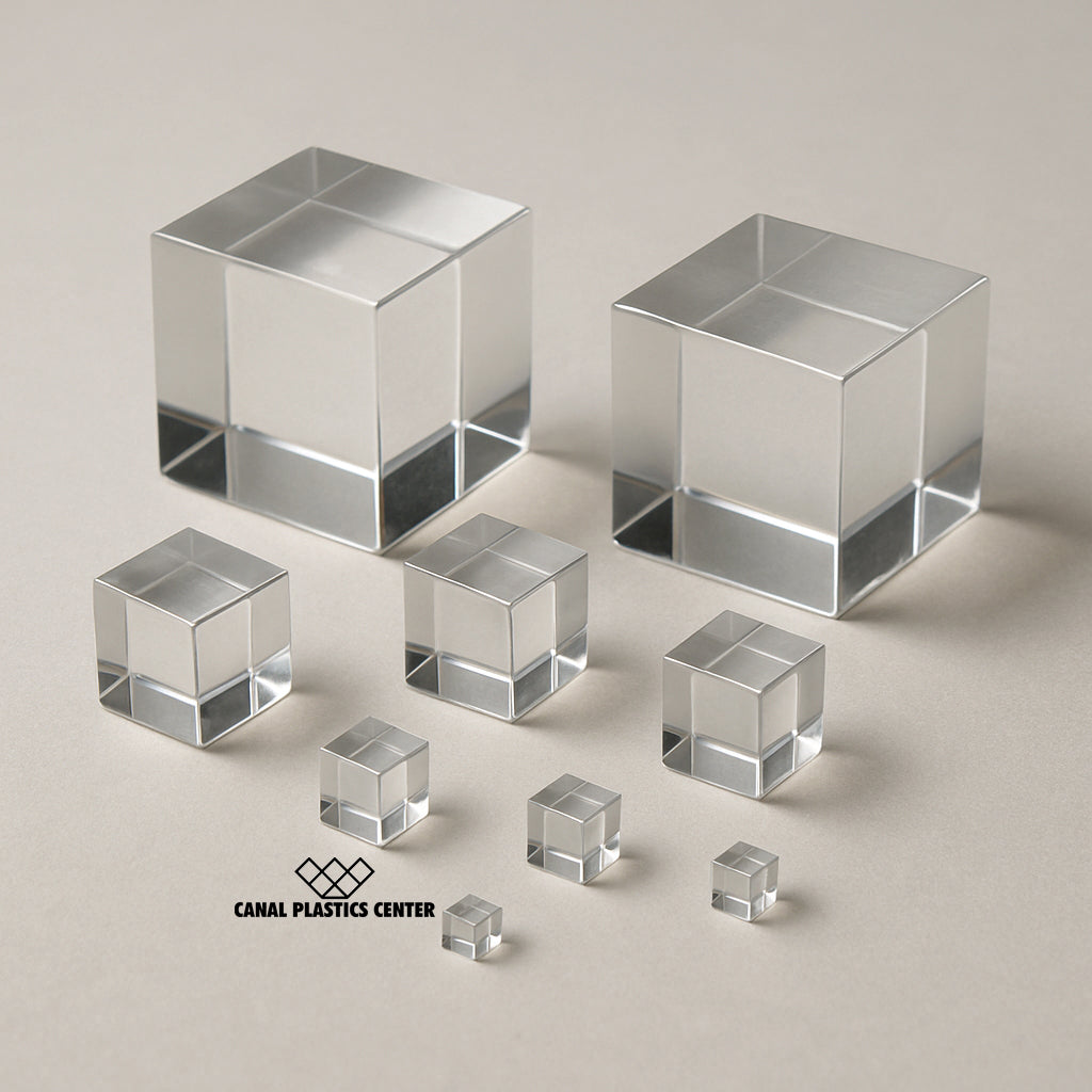 Canal Plastics Center's Clear Acrylic Cubes offer a sleek, minimalist aesthetic with flawless transparency and smooth polished edges. Their crystal-clear finish and solid form make them ideal for display, design, and architectural accents, adding a modern touch while elevating any space with subtle sophistication.
