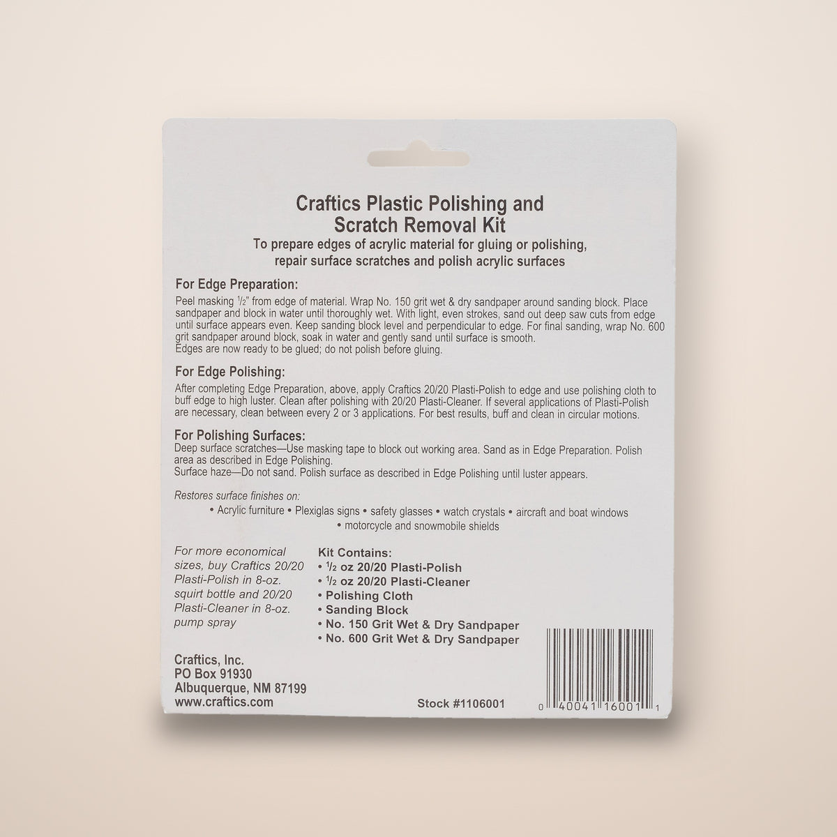 Craftics Polishing and Scratch Removal Kit back of package with instructions