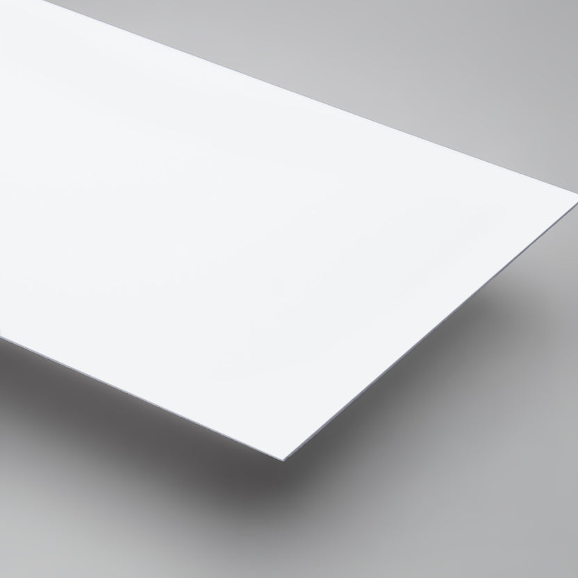 White Matte HIPS styrene sheets on off-white background – lightweight printable plastic - Canal Plastics Center