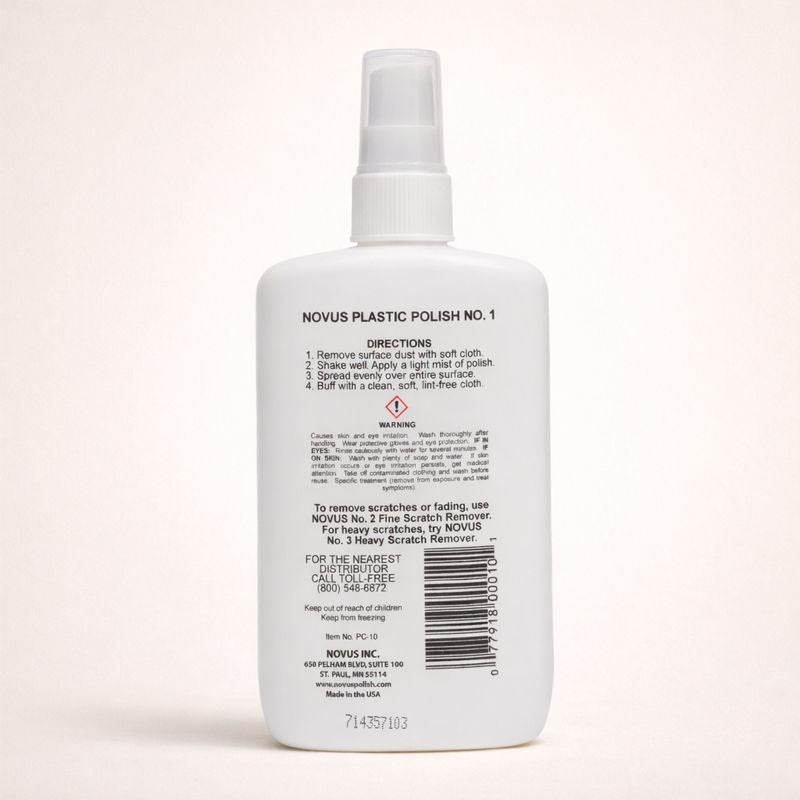 White bottle of Novus Plastic Polish No. 1 with text on a white background