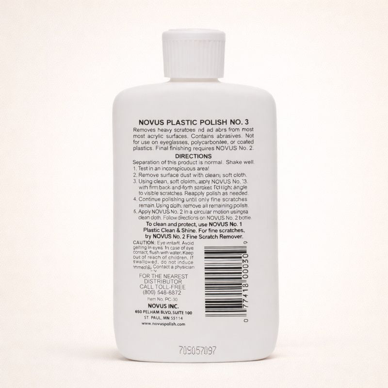White bottle of Novus Plastic Polish No. 3 with text on a white background
