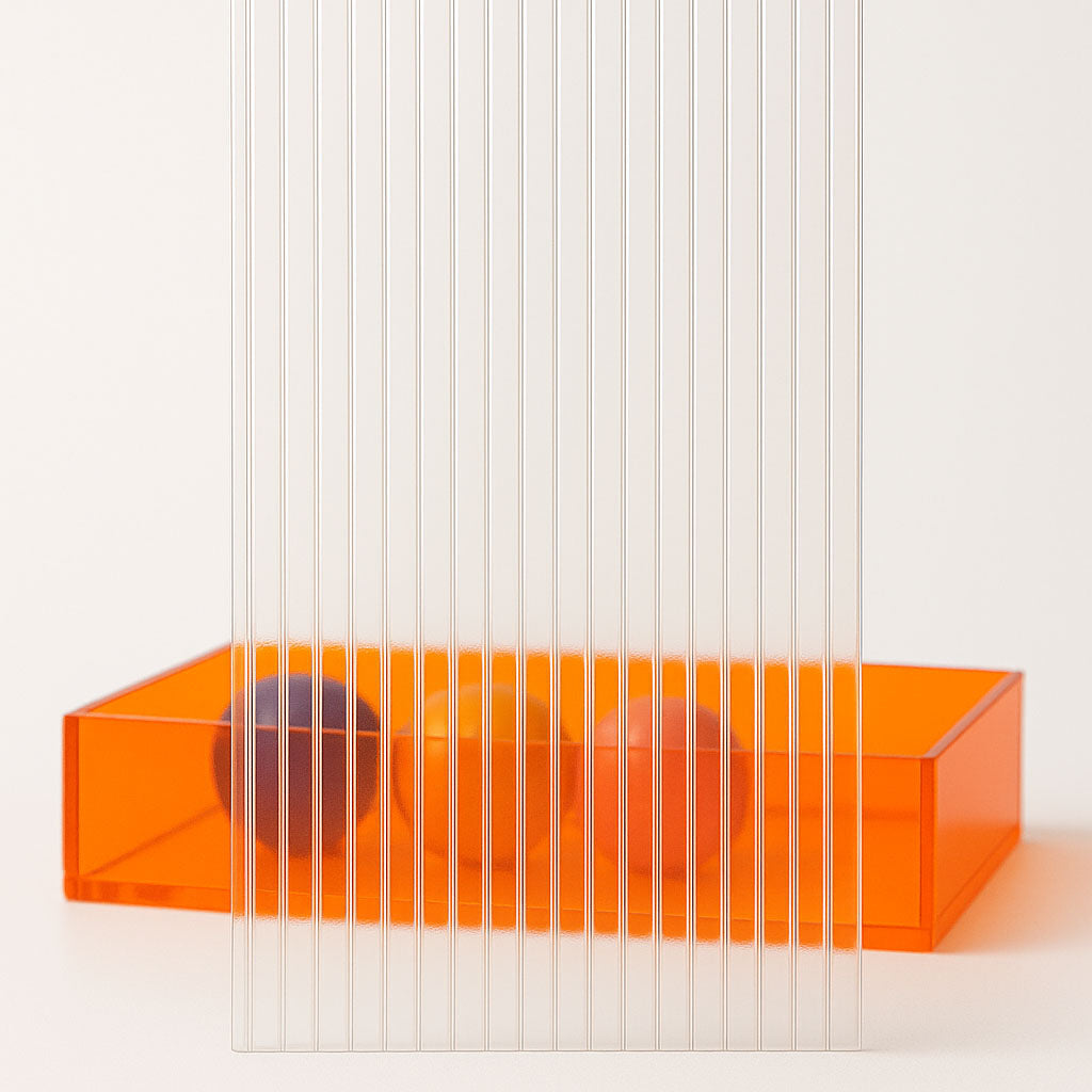 Clear twin-wall ribbed polycarbonate sheet standing vertically in front of an orange acrylic display box with colored spheres, showing high transparency and crisp ribbed structure. - Canal Plastics