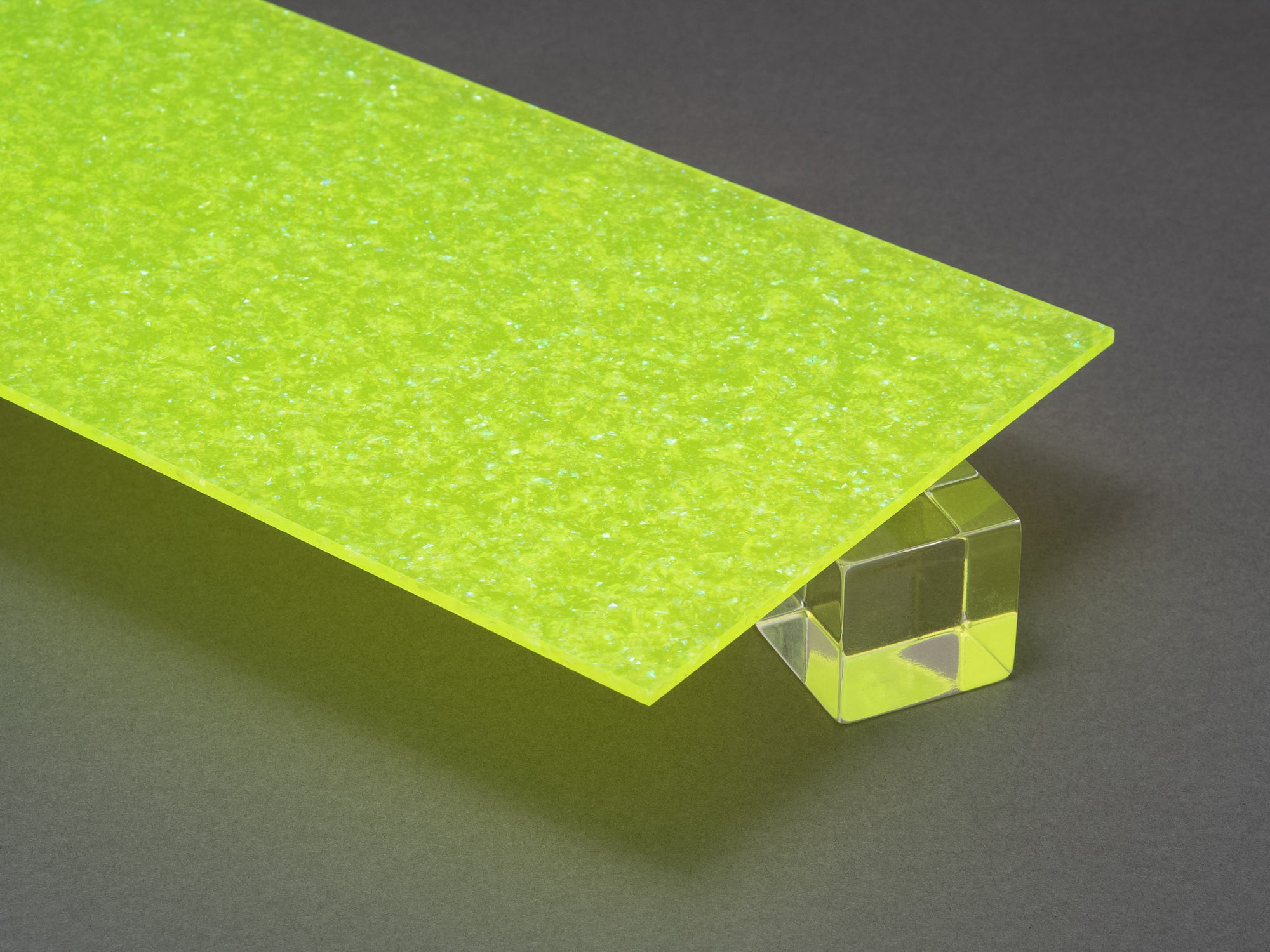 Green Neon Glitter Colored Acrylic Sheet, Angled View